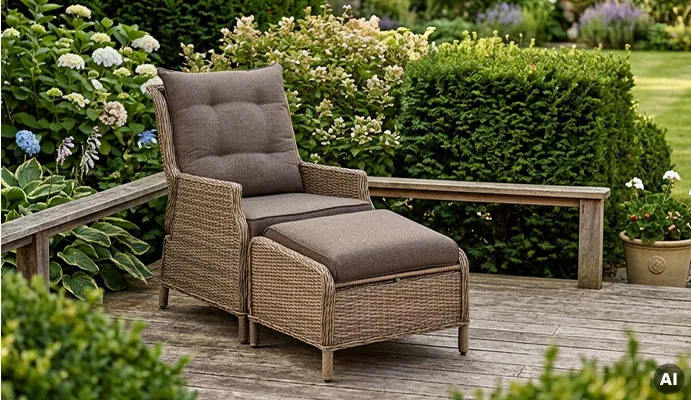AI-generiert: Gartensessel und Hocker der Serie auf einer Holzterrasse