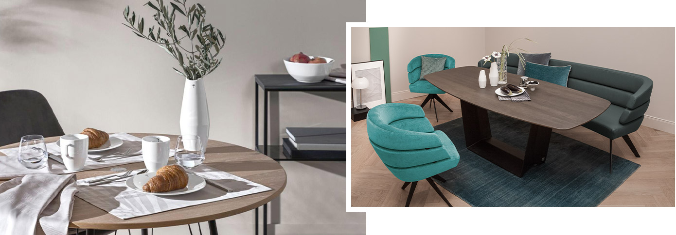 Collage mit zwei Bildern. Bild 1: runder Esstisch in Nahaufnahme mit Platzsets und Servietten in Creme, Geschirr in Weiß, weiße Vase, Besteck, Croissants. Bild 2: Esstisch mit Deko, grüne Lederbank, petrolfarbige Polsterstühle