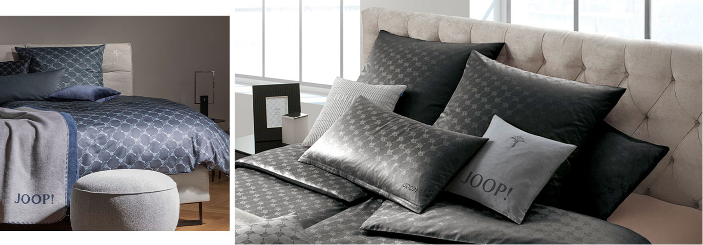 Collage aus zwei Bildern. Bild 1: beiges Bett mit blauer Bettwäsche, grau-blauer Decke mit JOOP!-Logo, blauen Dekokossen, grauem Hocker. Bild 2: beiges Bett mit gestepptem Kopfteil, schwarzer Bettwäsche, schwarzen Kissen, grauen Kissen, eines davon mit JOOP!-Logo. Im Hintergrund Nachtkommode mit Dose und Bilderrahmen.