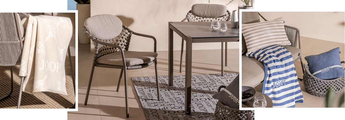 Collage aus 3 Bildern - Bild 1: Gartenstuhl mit Rope-Geflecht in Beige an Gartentisch in Braun sowie grauer Outdoor-Teppich mit "JOOP!"-Schriftzug - Bild 2: cremefarbige Decke mit "JOOP!"-Schriftzug auf Gartenstuhl hängend - Bild 3: beige-weiß gestreiftes Kissen, blau-weiß gestreifte Decke und blaues Kissen mit weißem Steifen - alle 3 mit "JOOP!"-Schriftzug auf beigem Gartensofa und grauem Geflecht-Korb