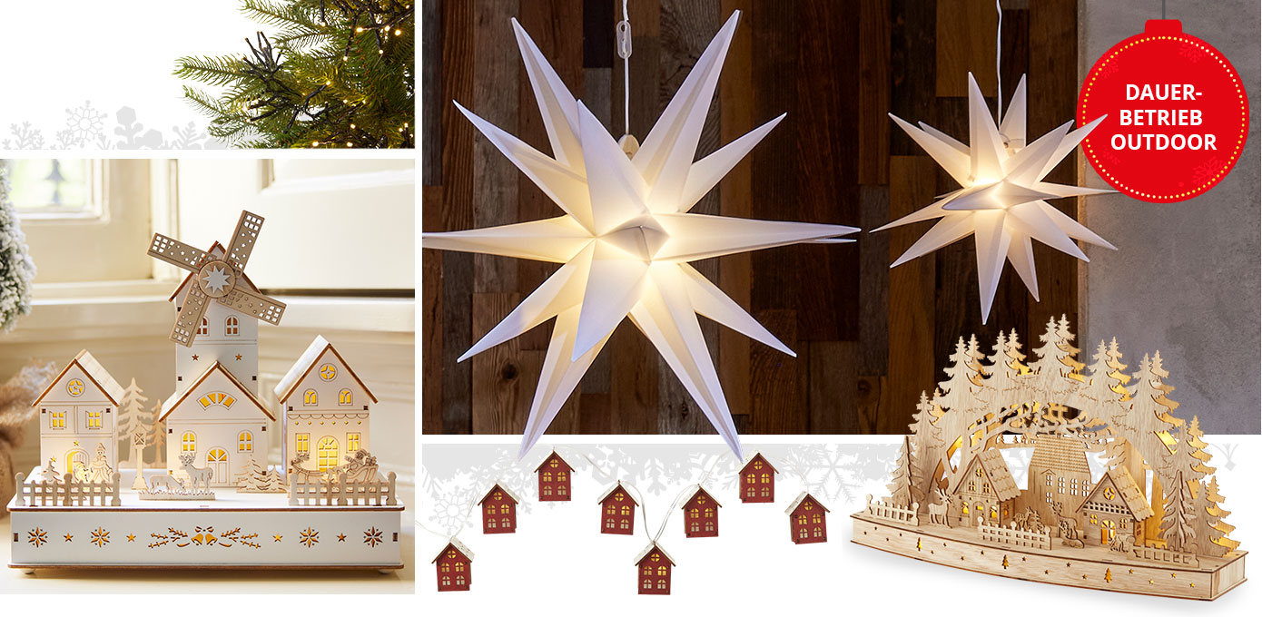 Collage aus 2 Bildern. Bild 1: Pyramide aus Holz mit elektrischen Kerzen. Bild 2: Weihnachtsbaum mit Lichterkette und Hinweistext "Inklusive 8-Stunden-Timer", daneben ein weißer beleuchteter Stern. Außerdem zu sehen: Holz-Schwibbogen mit 5 elektrischen Kerzen und Lichterkette mit kleinen Häuschen