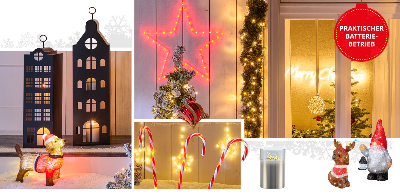 Collage aus mehreren Bildern mit großen schwarzen Laternen als Haus, beleuchtete Dackel und Zwerg, leuchtende Zuckerstangen, LED-Stern und beleuchteter Merry Christmas Schrifzug für die Wand