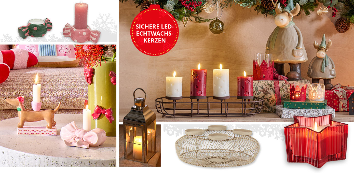 Collage aus 2 Bildern. Bild 1: Kerzenständer aus rosa Glas mit Kerzen in gold-weiß-rosa und 2 Windlichter in Weiß-Gold mit Tannenbaum-Muster. Bild 2: Kerzenhalter mit 4 brennenden Kerzen, Windlichter, Deko-Häuschen mit Kerze sowie weihnachtliche Deko, Hinweistext: "Sichere LED-Echtwachs-Kerzen". Außerdem zu sehen: Kerzenhalter für 4 Kerzen nebeneinander, Kerze in rotem Glas in Sternform