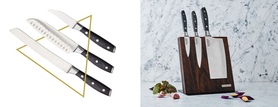 Collage aus 2 Bildern - links: drei Messer umgeben von einem Dreieck in Gold vor weißer Fläche - rechts Messerblock aus Holz mit zwei Messern und einem Hackmesser sowie Lebensmittel vor grauer Marmorwand