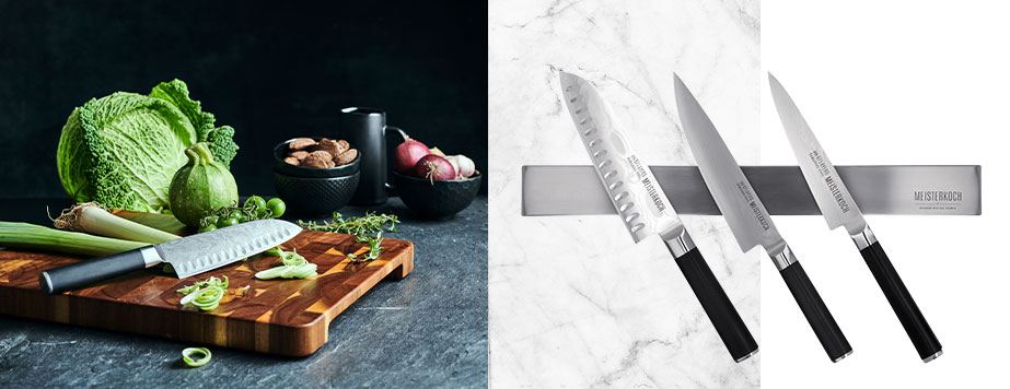 Collage aus 2 Bildern - links: Holzschneidebrett, Santoku-Messer, das Lauch schneidet, Lebensmittel und schwarzes Geschirr - im Hintergrund schwarzer Marmor - rechts:3 Meisterkoch-gelabelte Messer an wandhängendem Edelstahlmesserblock, dieser ebenfalls Meisterkoch-gelabelt