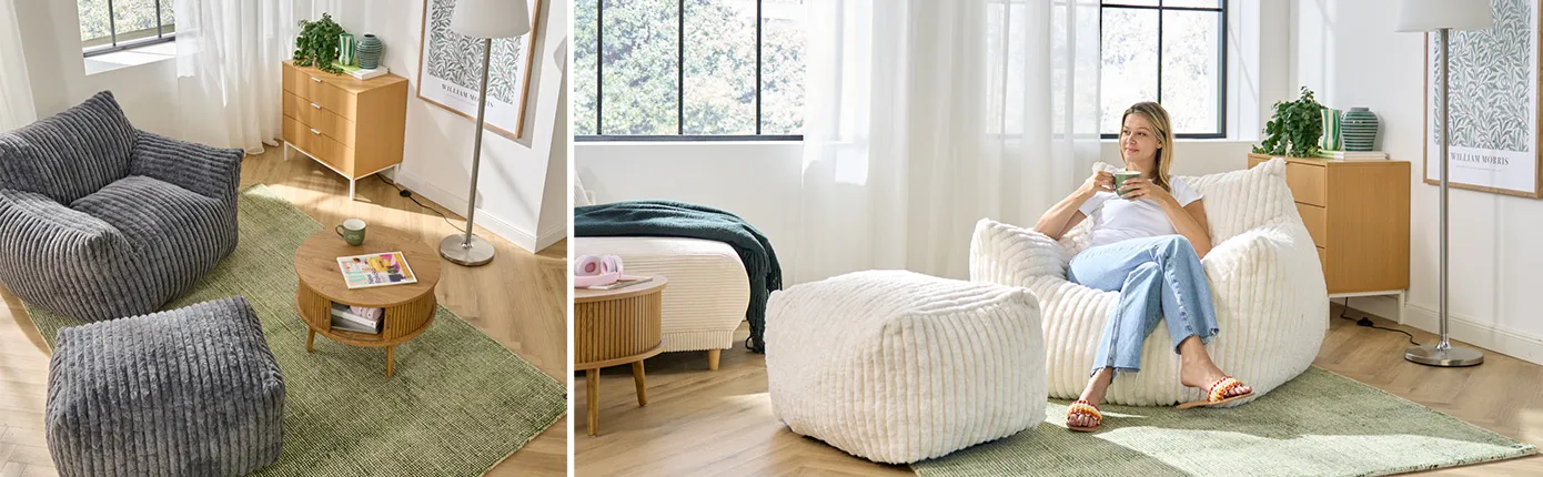 Sitzsack Sessel in Grau und Weiß mit Holz-Möbeln im Skandi Stil