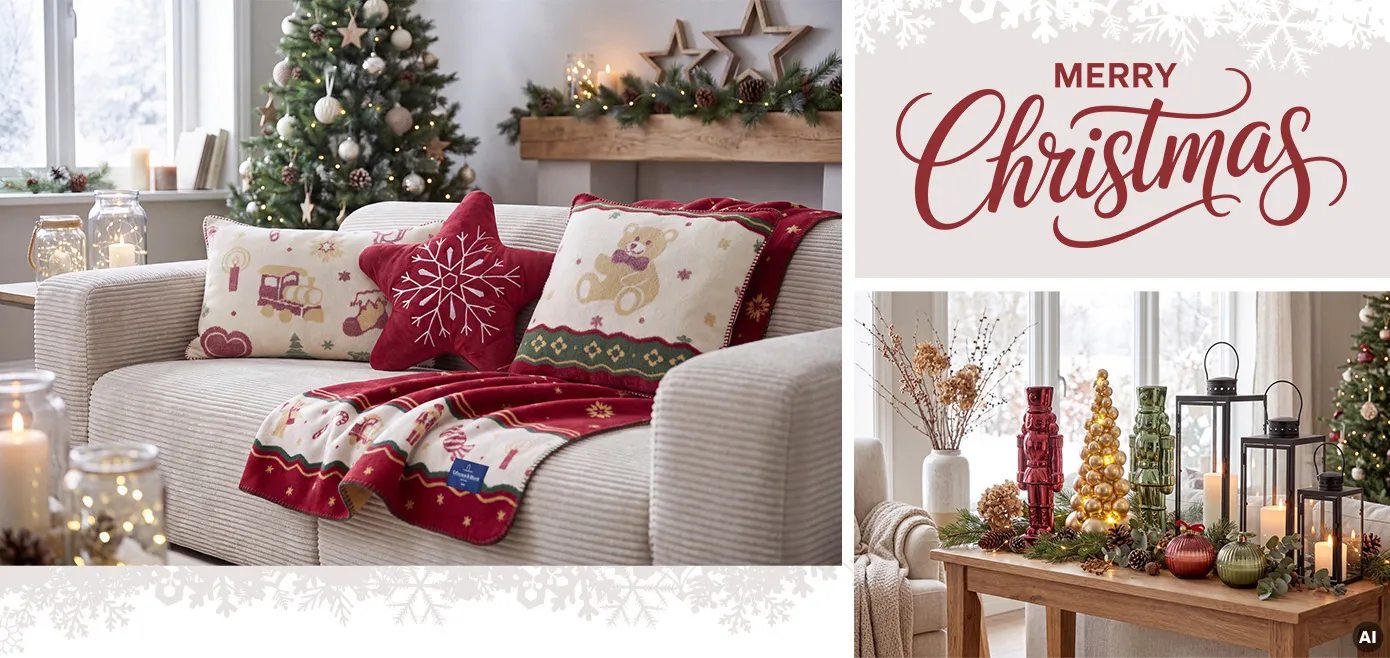 Klassische Weihnachtsdeko mit traditionellen Mustern in rot, grün, weiß auf Dekokissen