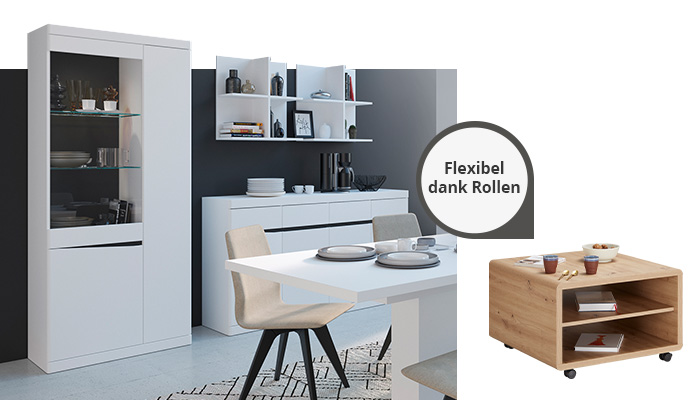 Collage aus 2 Bildern. Bild 1: Esszimmerausschnitt mit Vitrine, Wandregalen und Sideboard von Turino Neo in Weiß. Bild 2: Produktbild vom Couchtisch mit Hinweistext "Flexibel dank Rollen"