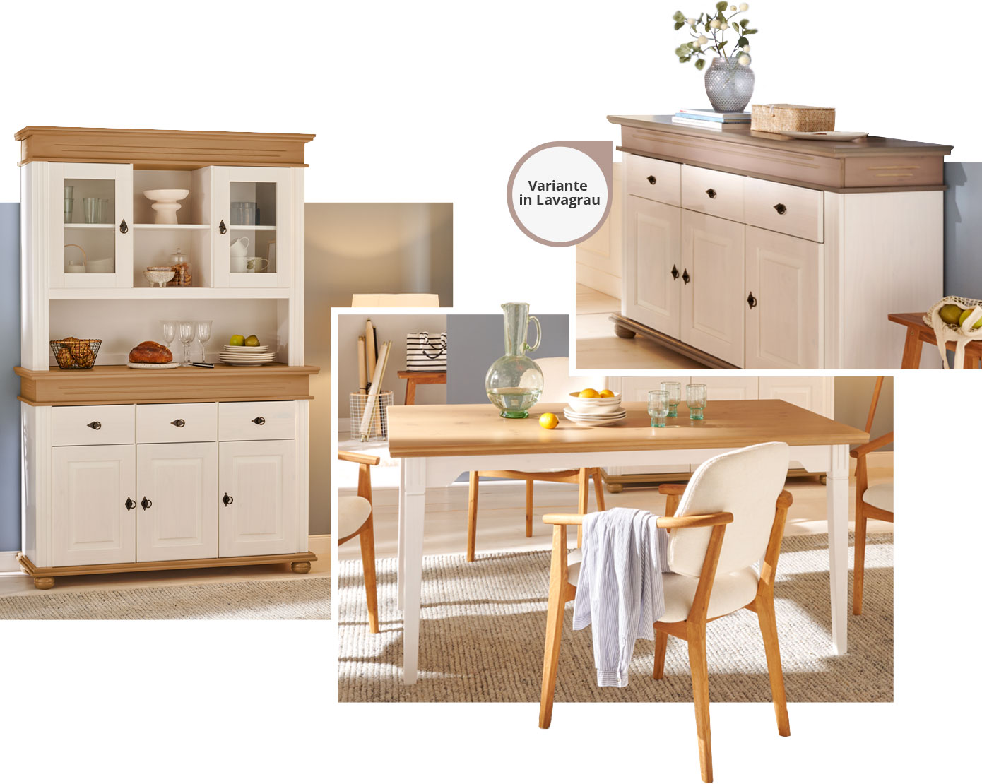 Collage bestehend aus 3 Bildern, Bild 1: Buffet in Weiß & Eiche. Bild 2: Esstisch in Weiß & Eiche mit weißen Polsterstühlen mit Akzenten aus Holz in einem Esszimmer. Bild 3: Sideboard mit Hinweis "Variante in Lavagrau".