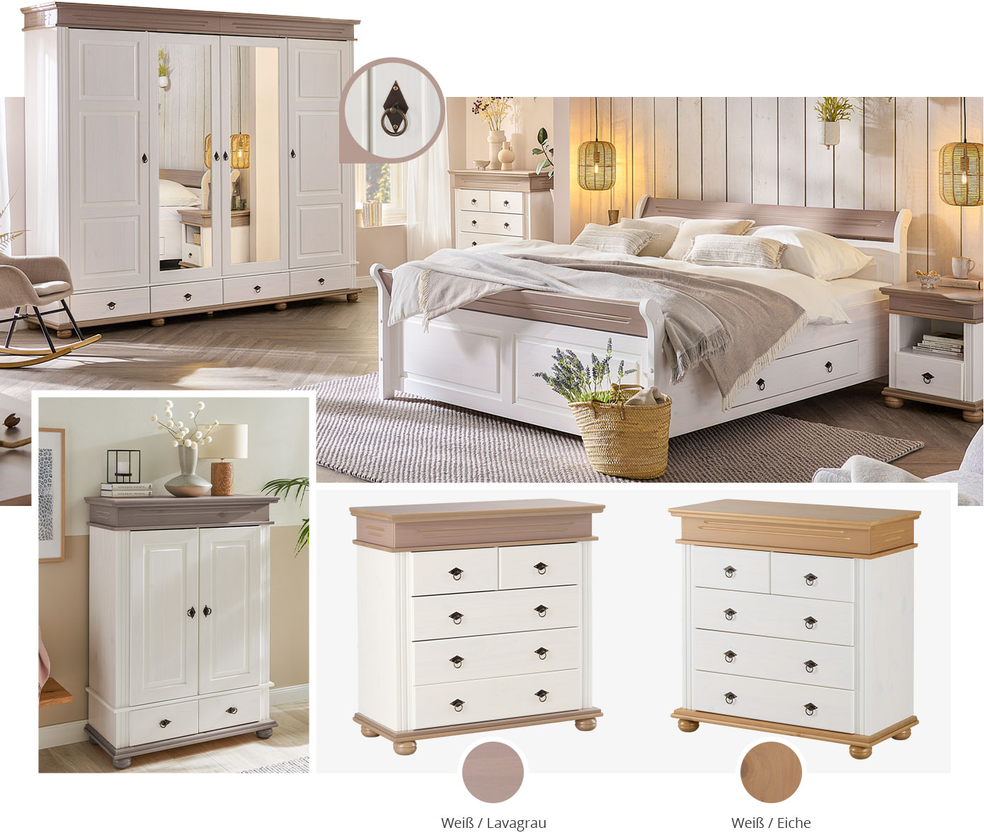 Collage aus 3 Bildern, Bild 1: Schlafzimmer im Landhausstil in Weiß und Lavagrau, bestehen aus Schrank mit Detailbild der Griffe, Kommode, Bett und Nachtkommode. Bild 2: Wäscheschrank in Weiß und Lavagrau. Bild 3: Gegenüberstellung 2er Kommoden in Weiß / Lavagrau & Weiß / Eiche.