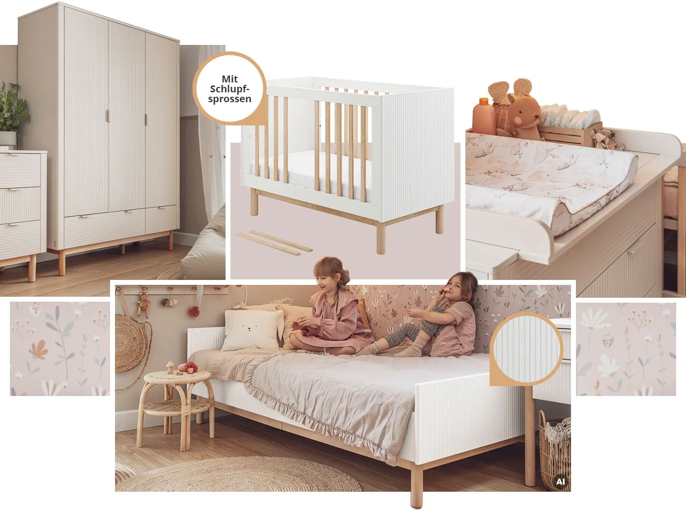 Collage aus 4 Bildern. Bild 1: Kleiderschrank der Serie in Farbe Kaschmir mit 3 Türen und 2 Schubladen. Bild 2: Babybett der Serie in Weiß mit Hinweis "Mit Schlupf-Sprossen". Bild 3: Kommode und Wickelaufsatz der Serie in Farbe Kaschmir. Bild 4, AI-generiert: Kinderzimmer mit großem Einzelbett der Serie in Weiß mit Detailbild der Riffelstruktur.