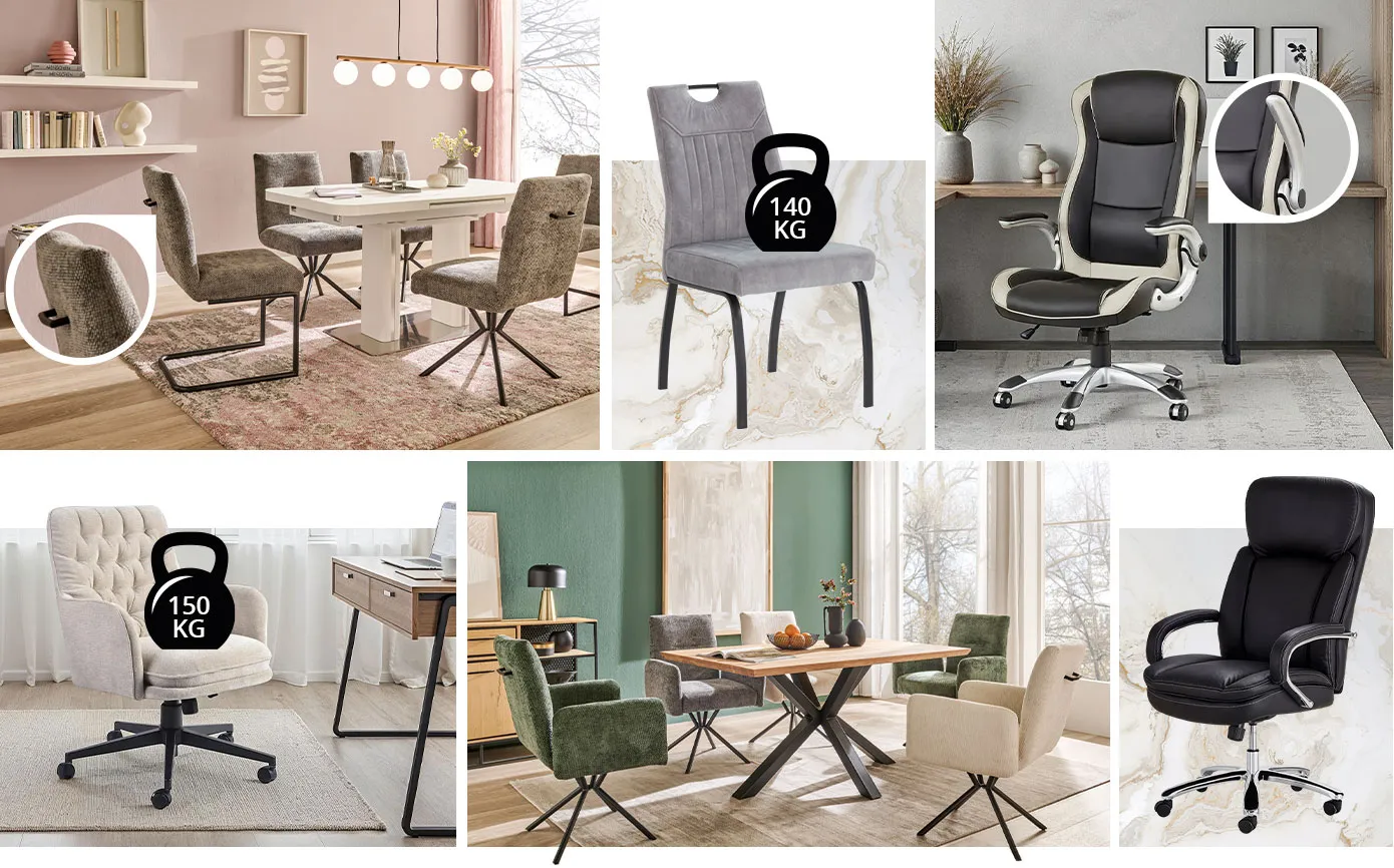 Collage aus 6 Bildern. Bild 1: Esszimmer mit weißem Tisch und 5 Polsterstühlen mit schwarzem Gestell, Detailbild vom Griff hinten an der Rückenlehne. Bild 2: Grauer Polsterstuhl mit 4 Fuß-Gestell, kleines Hantelsymbol auf der Sitzfläche mit Beschriftung 140 kg. Bild 3: Arbeitszimmer mit Bürostuhl in Schwarz und Beige, Detailbild der klappbaren Armlehne. Bild 4: Arbeitszimmer mit Bürostuhl mit hellem, gestepptem Bezug, kleines Hantelsymbol auf der Sitzfläche mit Beschriftung 150 kg. Bild 5: Esszimmer mit Esstisch mit Holzplatte und schwarzem Gestell, 5 Polsterstühle mit Armlehnen und Kreuzgestell. Bild 6: Chefsessel in schwarz mit Rollen