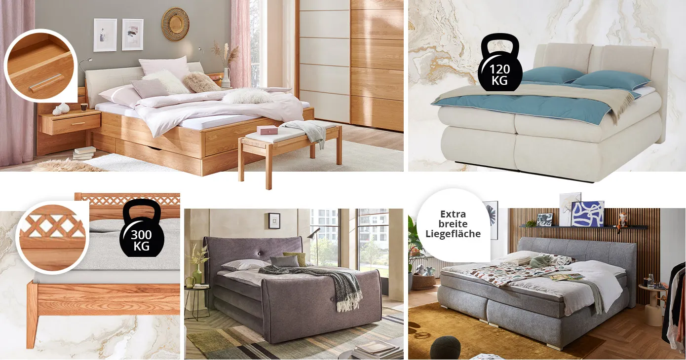 Collage aus Bildern. Bild 1: Schlafzimmer mit modernen Holzmöbeln, Bettanlage, Bettbank und Kleiderschrank. Detailbild von der Schublade der Nachtkonsole. Bild 2: Weißes Boxspringbett mit kleinem Hantelsymbol auf der Liegefläche und Beschriftung 120 kg. Bild 3: Massivholzbett mit Detailbild vom Kopfteil mit Kreuzgitter, kleines Hantelsymbol auf der Liegefläche mit Beschriftung 300 kg. Bild 4: Schlafzimmer mi grauem Boxspringbett. Bild 5: Schlafzimmer mit grauem Familien-Polsterbett und Hinweis "Extra breite Liegefläche"