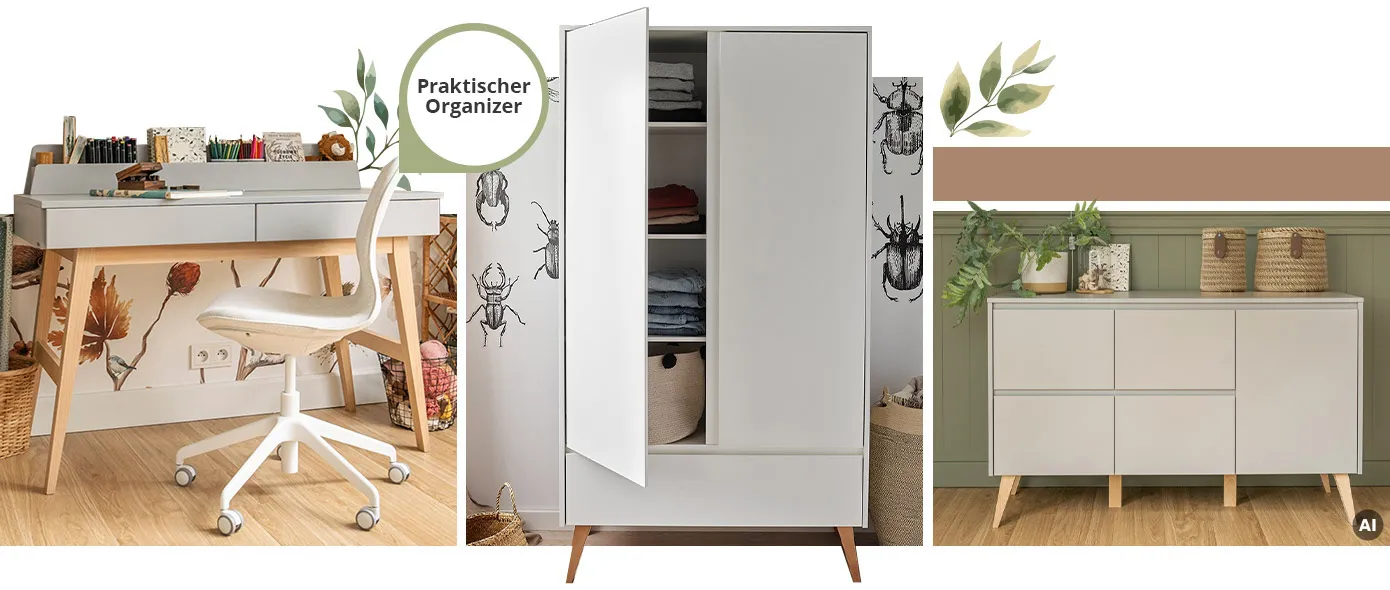 Collage mit 3 Bildern. Bild 1: Schreibtisch der Serie in Grau mit 2 Schubladen und Aufsatz, Hinweis am Aufsatz: Praktischer Organizer. Bild 2: Kleiderschrank der Serie in Weiß mit 2 Türen. Bild 3, AI-generiert: Kommode der Serie in Grau mit 4 Schubladen und einer Tür