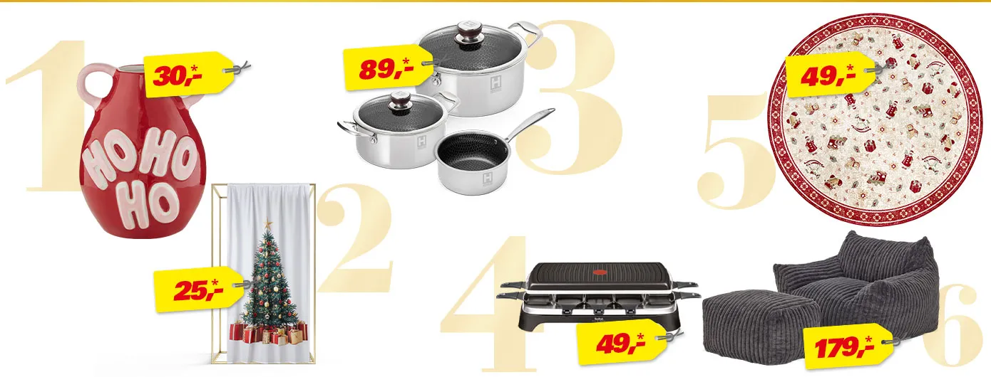 Tag 01 rote Vase mit Aufschrift HOHOHO für 30€, Tag 02 LED-Vorhang Weihnachtsbaum für 25€, Tag 03 Topf-Set Hensslers für 89€, Tag 04 Raclette-Grill für 49€, Tag 05 runder Webteppich für 49€, Tag 06 Sessel vakuumiert für 179€