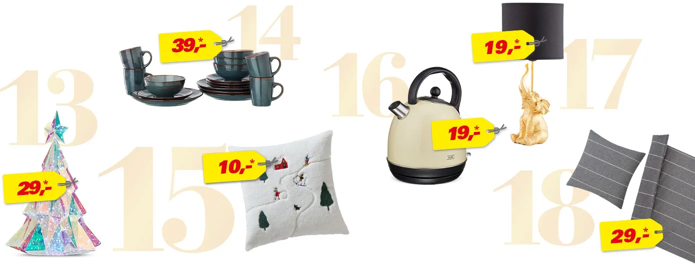 Tag 13 LED-Weihnachtsbaum für 29€, Tag 14 blaues Geschirr-Set für 39€, Tag 15 Kissen mit Wintermotiv für 10€ & Tischläufer mit Wintermotiv für 16€, Tag 16 Wasserkocher für 19€, Tag 17 Elefanten-Tischleuchte für 19€, Tag 18 graue Bettwäsche für 29€