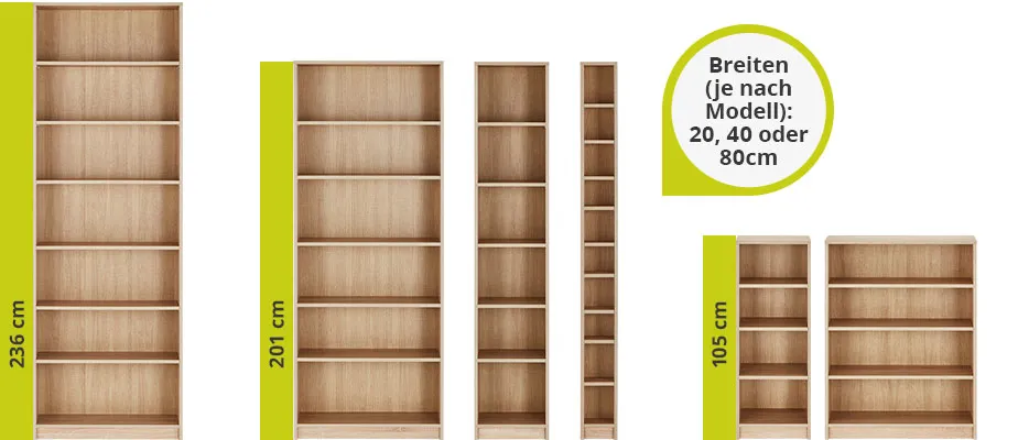 Offene Regale der Serie in Holzoptik in der Übersicht. Links: Höhe 236 cm, in 80 cm Breite. Mitte: Höhe 201 cm in den Breiten 80 cm, 40 cm, 20 cm. Rechts: Höhe 105 cm, Breiten 40 cm und 80 cm