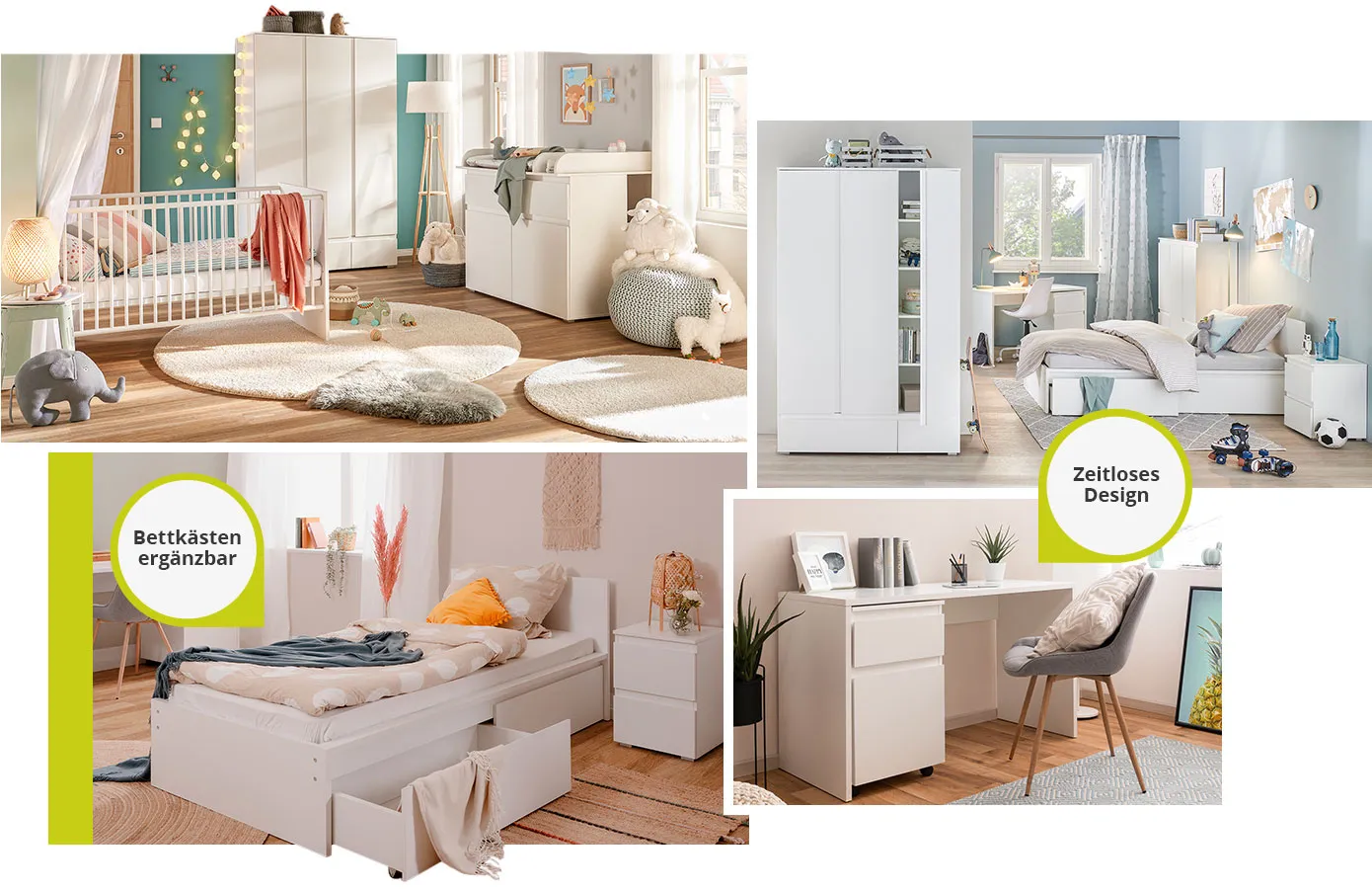 Collage aus 4 Bildern. Bild 1: Babyzimmer mit BEN Möbeln. Babybett, Kleiderschrank, Wickelkommode. Bild 2: Jugendzimmer mit BEN Möbeln. Kleiderschrank, Schreibtisch mit Rollcontainer, Highboard, Bett mit Bettkästen, Nachttisch. Bild 3: Einzelbett BEN, Nachttisch, Hinweistext: Bettkästen ergänzbar". Bild 4: Schreibtisch BEN mit passendem Rollcontainer, Hinweistext "Zeitloses Design"