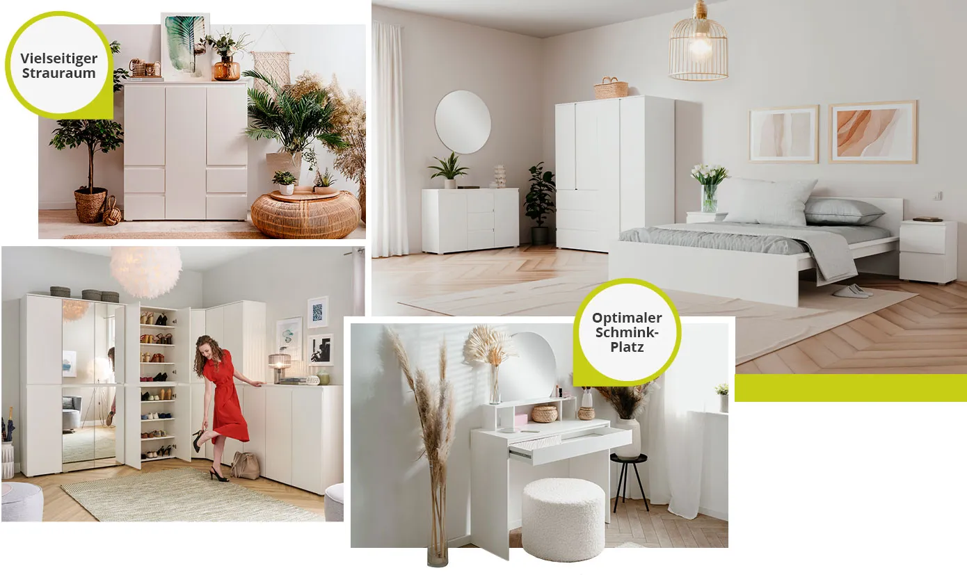 Collage aus 4 Bildern. Bild 1: Highboard BEN mit 3 Türen und 4 Schüben, Hinweistext "Vielseitiger Stauraum". Bild 2: Schlafzimmer mit BEN Möbeln. Kommode, Kleiderschrank, Doppelbett, Nachttisch. Bild 3: Eckkleiderschrank teilweise mit Spiegeltüren, offener Schrank mit 8 Schuhablagen, dazu BEN Kommoden. Bild 4: Schminktisch BEN mit rundem Spiegel und Schublade, Hinweistext "Optimaler Schmink-Platz"