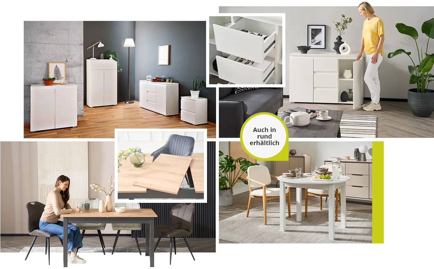 Collage mit 6 Bildern. Bild 1: Wohnraum mit vier verschiedenen weißen BEN Kommoden. Bild 2: Wohnzimmer mit weißer BEN Kommode mit 2 Türen und 3 Schubladen mittig. Bild 3: Detailbild der geöffneten Schubladen. Bild 4: Esszimmer mit Esstisch BEN in dunkelgrau und mit Holzplatte, dazu Polsterstühle. Bild 5: Detailbild Auszugsfunktion des Esstischs. Bild 6: Esszimmer mit weißem, runden Esstisch BEN. Hinweistext "Auch in rund erhältlich"