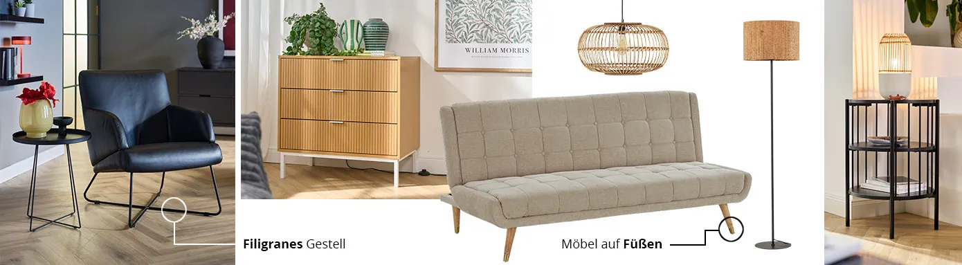 Bildcollage mit schwarzem Ledersessel und scharzem Beistelltisch mit filigranem Gestell, Schlafsofa und Kommode mit Füßen im Skandistil, Stehlampe mit Kork-Lampenschirm, Beistelltisch in schwarz mit dünnen Stäben