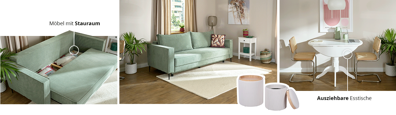 Mintgrünes Sofa ausklappbar zum Schlafsofa und Bettkasten, Sitzhocker mit Deckel und Stauraum, ausklappbarer Esstisch