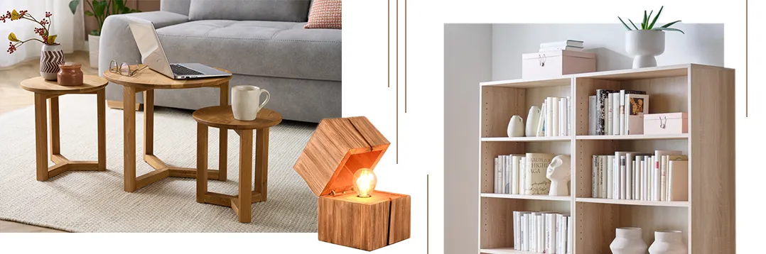 Rustikale Beistelltische im Dreierset in dunklem Holz, Quadratische Holz-Tischleuchte, Standregal aus hellem Holz mit Steinvasen zur Deko