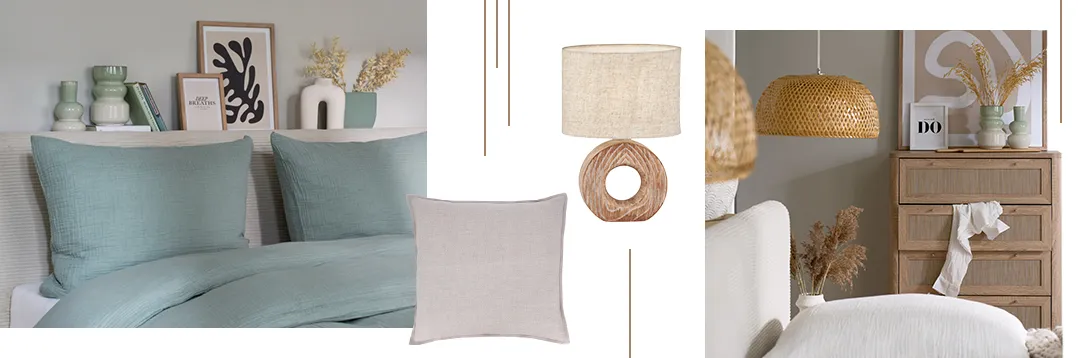 Musselin-Bettwäsche aus Leinen, Leinen-Kissen, Tischlampe mit Holzfuß und Leinen-Lampenschirm, helle Kommode in Leinenoptik