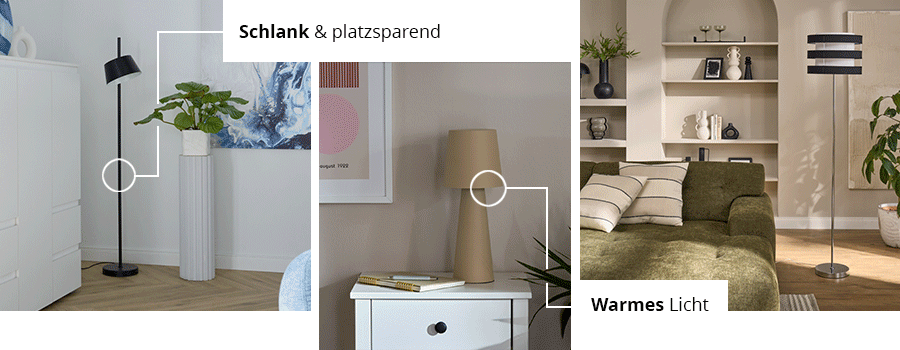 Schwarze dünne Stehleuchte schlank und platzsparend, Akku-Tischleuchte mit warmem Licht
