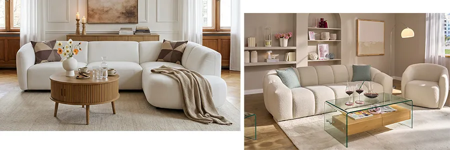Bildcollage: Weißes Ecksofa mit runden Formen und runder Couchtisch aus dunklerem Holz mit braunen Dekokissen, beiges weiches langes Einzelsofa aus Bouclestoff, passender Sessel und Glascouchtisch mit Holzzwischenablage