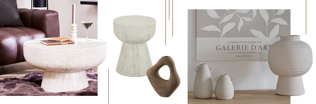 Couchtisch und Beistelltisch aus Stein, dazu braune und beige Steinvasen in runden und freien Formen