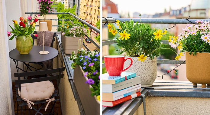 Blumentöpfe und Blumenkästen auf Geländer