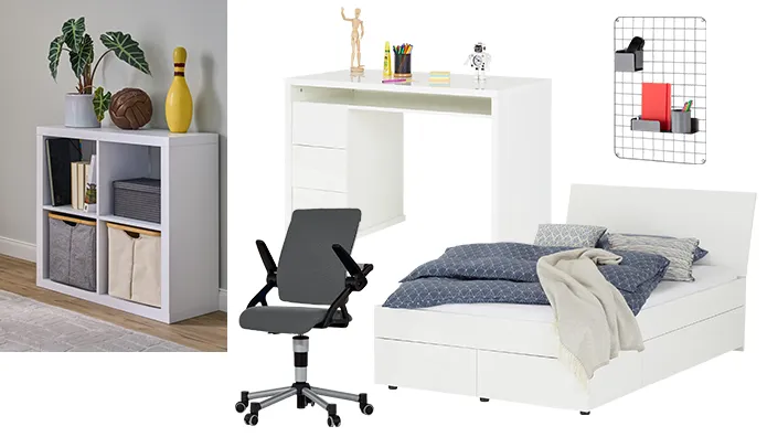 Collage aus weißem Standregal mit Aufbewahrungsboxen, Fussball und Kegel, grauer Schreibtischstuhl, weißes Bett, Wand-Organizer und weißer Schreibtisch mit drei Schubladen