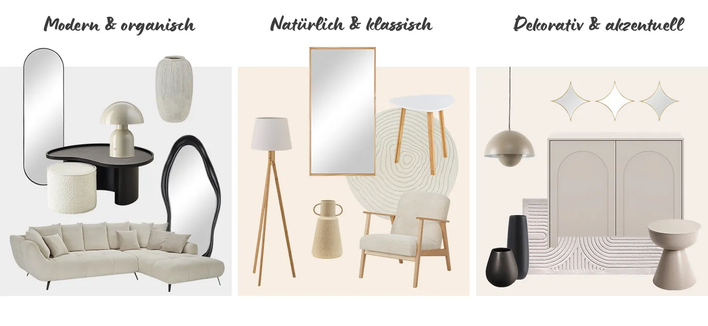 Moodboard von Freistellern in verschiedenen Stilen: Modern & organisch, natürlich & klassisch und Dekorativ & akzentuell