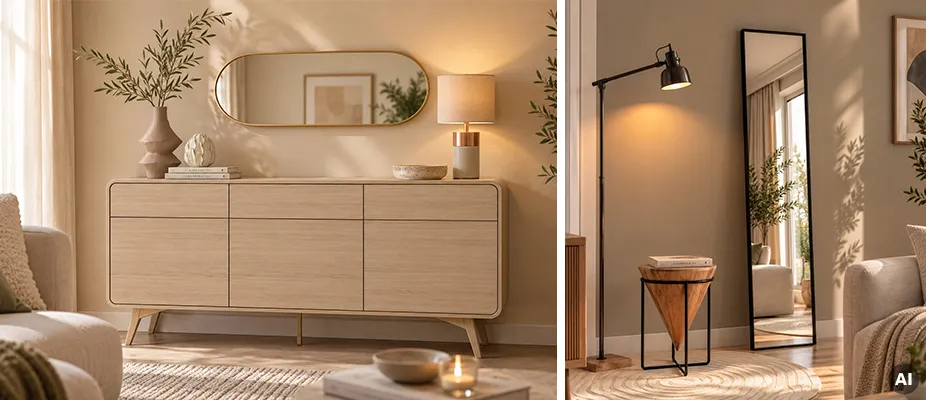 Bildcollage Wohnzimmer: Langes Sideboard aus hellem Holz mit abgerundeten Ecken, darüber ovaler Spiegel mit dünnem Goldrahmen, schwarzer schmaler Spiegel an Wand gelehnt, daneben runder Teppich in beige mit Holz-Beistelltisch in Dreieckform, schwarze Stehleuchte