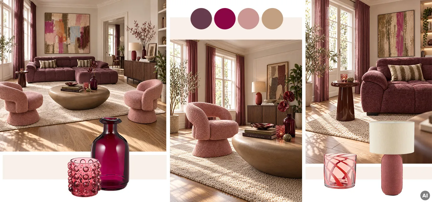 Bildcollage Wohnzimmer mit Ecksofa in beerenton, hellbrauner Couchtisch in Steinoptik, rosa Sessel, Kommode aus dunkelbraunem Holz, großer cremefarbener Teppich, Vasen und Teelichter in Beerentönen