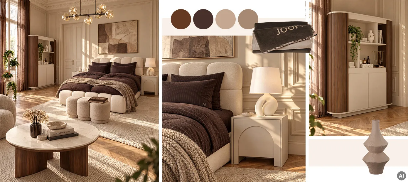 Schlafzimmer mit beigen Möbel und braunen Akzenten. Bouclet-Bett mit brauner Bettwäsche, Bouclet-Bank, Kommode in beige mit abgerundeten Ecke3n und braunen Lamellen