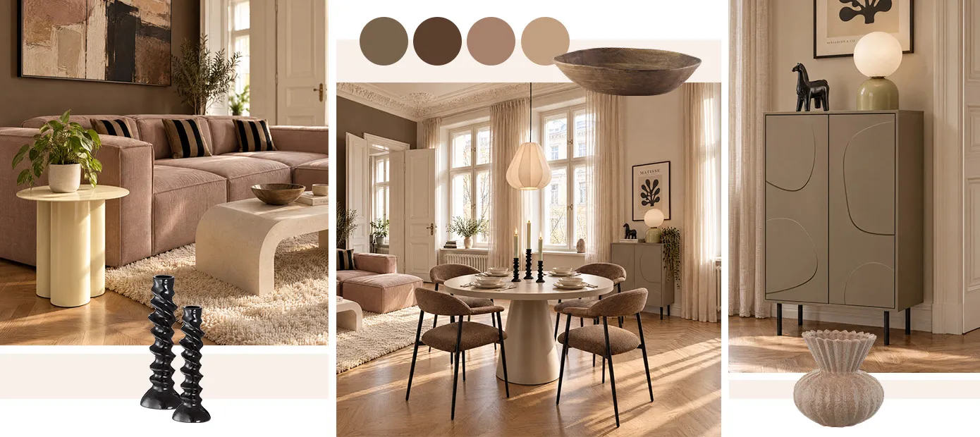 Wohnzimmer mit rosa Ecksofa und schwarz-braun gestreiften Kissen, gebogener Couchtisch in beige, beiger Flauschteppich, runder Esstisch in Kaschmirfarben, dunkelbraune Polsterstühle mit schwarzen Füßen, Highboard in kaschmirfarben mit runder tischleuchte und schwarzem dekopferd