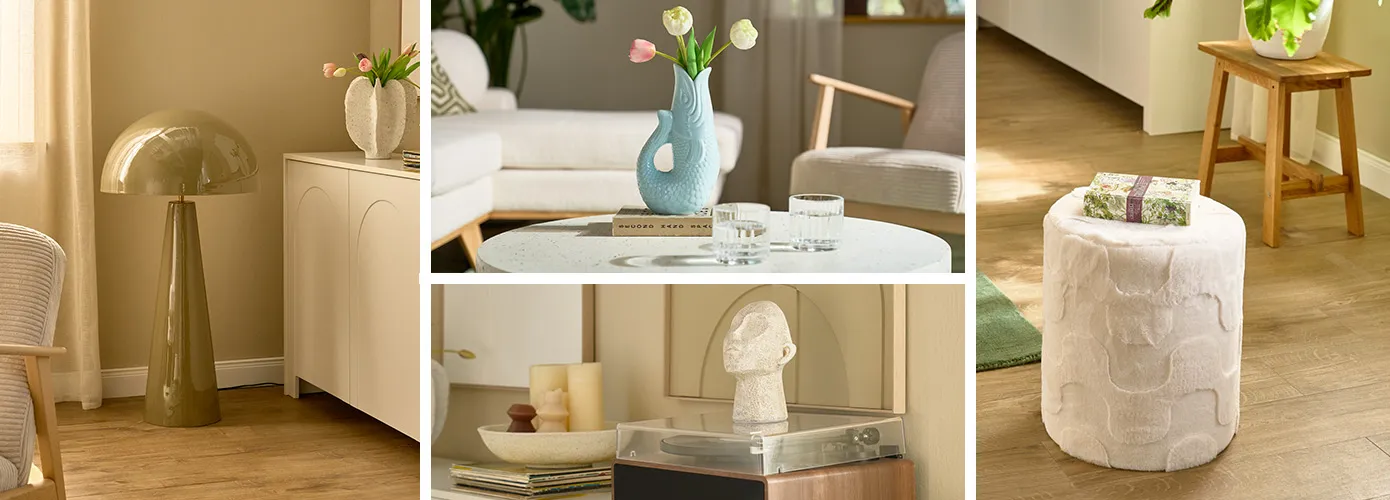 Bildcollage: Wassergläser auf Tisch und hellblaue Vase in Form eines Fisches mit Tulpen, große Stehlampe glänzend in Khaki in Pilzform, weißer Polsterhocker mit Wellenmuster, Plattenspieler mit beigem Dekokopf in Steinoptik, Schale mit beigen und braunen Kerzen