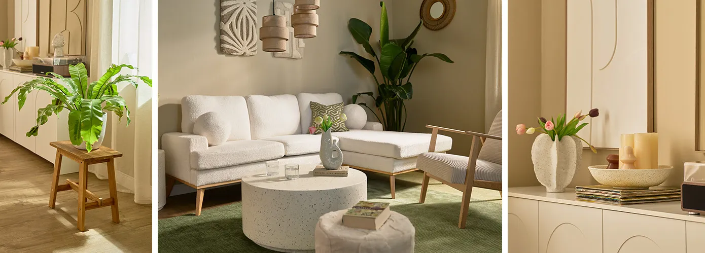 Bildcollage: Hocker aus Holz neben Sideboard, darauf größere Pflanze, weißes Bouclé-Ecksofa mit Holzfüßen, grüner Teppich, runder weißer Couchtisch in Steinoptik mit passendem rundem Beistelltisch, beiger Cord-Sessel mit Holzgestell, große Pflanze in der Ecke, Dekoschale und große Vase in Steinoptik mit Tulpen auf Kommode,