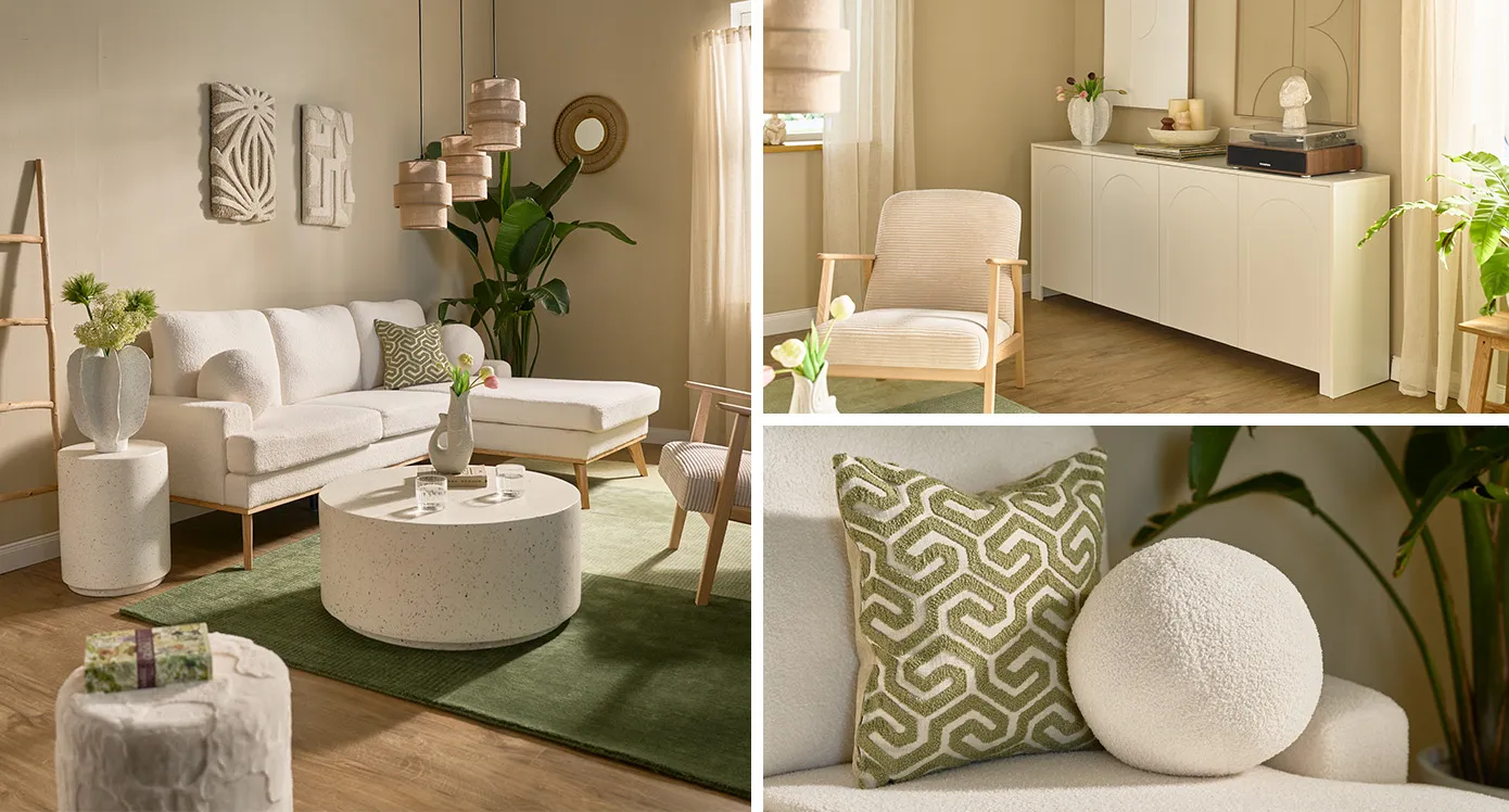 Bildcollage: Weißes Bouclé-Ecksofa mit Holzfüßen, grüner Teppich, runder weißer Couchtisch in Steinoptik mit passendem rundem Beistelltisch, beiger Cord-Sessel mit Holzgestell, beige Kommode mit Schallplatten, Plattenspieler und Dekoobjekte, Pendelleuchte aus Leinen, große Pflanze in der Ecke, Detailansicht von rundem Bouclé-Kissen und Kissen mit grünem Muster