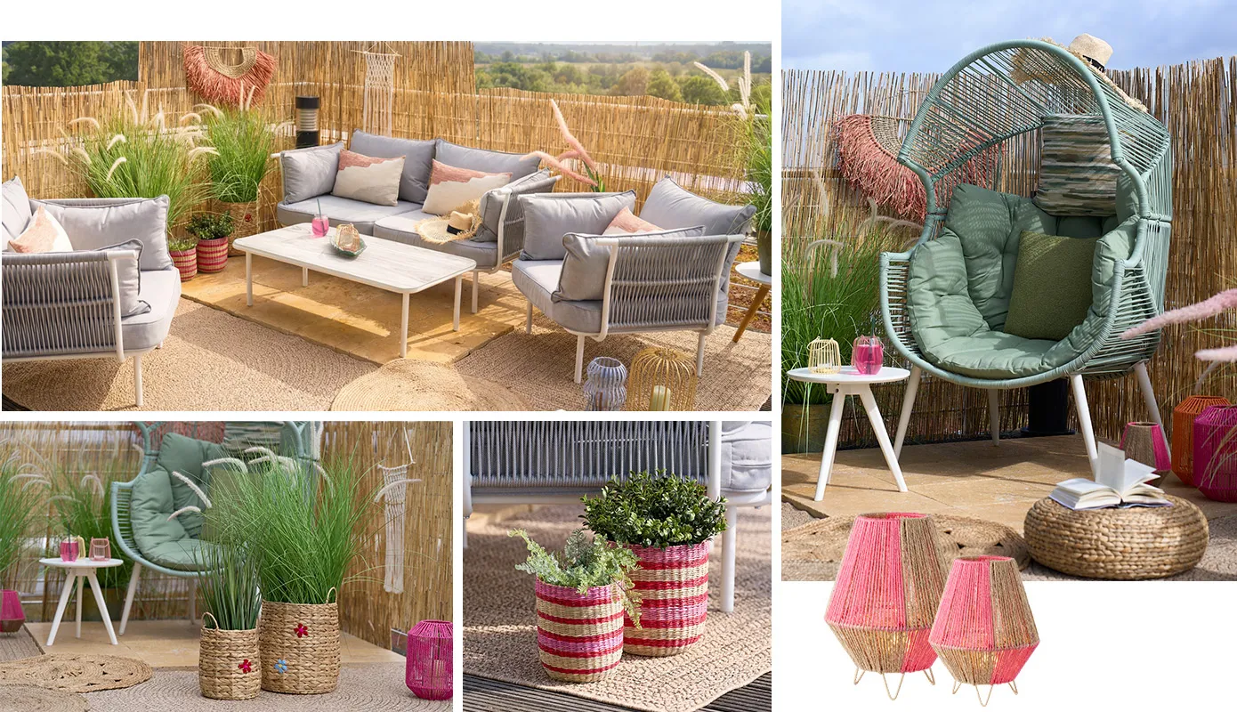 Bildcollage: Hellgraue Balkongruppe und Rope-Bespannung mit Zweisitzer, zwei Einzelsitzer und rechteckigem Tisch, Sichtschutz aus Bambus, beiger Teppich, bunte Übertöpfe und Kissen, mintgrüner Sessel mit kleinem weißen Beistelltisch und bunten Windlichtern und Körben in beige-pink