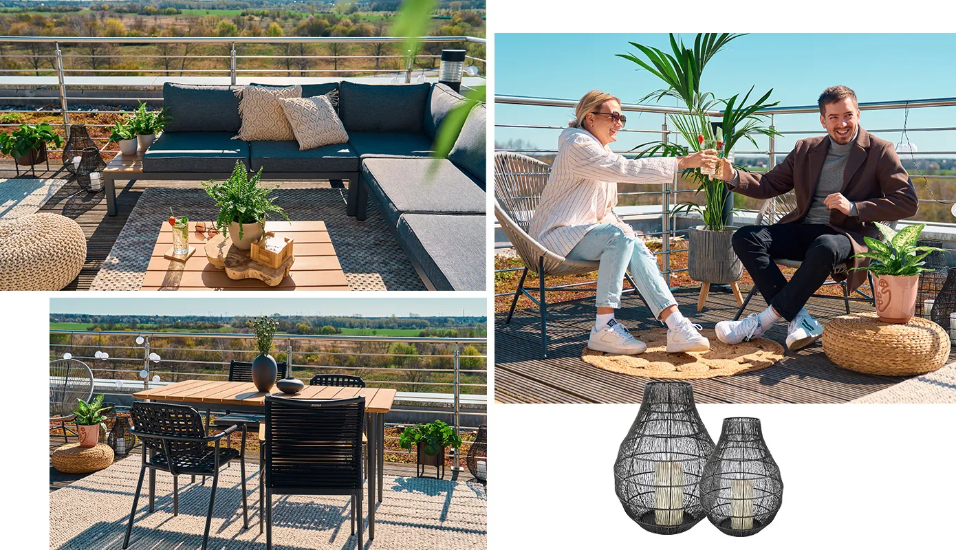 Bildcollage dunkelgraue Sitzgruppe mit Holztisch und beigen Kissen, schwarzen Windlichtern, Holz-Esstisch mit grauen Füßen und grauen Gartenstühlen, gemütliche Sitzecke mit Sesseln, zwei Personen stoßen an