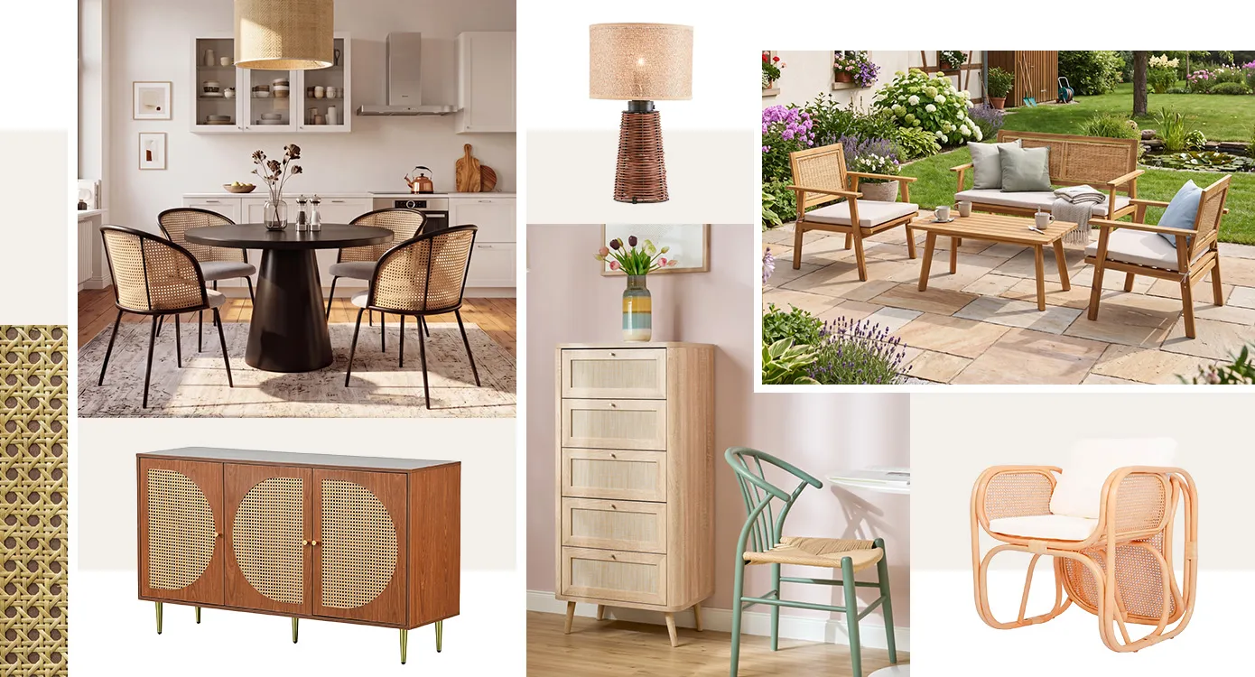 Bildcollage: Küche mit rundem schwarzen Esstisch, vier filigrane Rattanstühle im Skandistil und schwarzem Gestell, Rattan-Loungegruppe aus Holz und hellen Auflagen auf Terrasse, kleine und hohe Schubladen-Kommode in Rattan und hellem Holz, Freisteller von Eichen-Kommode mit halbrunden Rattan-Applikationen und goldenen Füßen