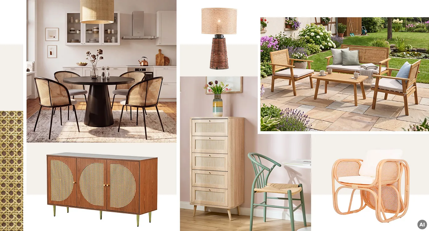 Bildcollage: Küche mit rundem schwarzen Esstisch, vier filigrane Rattanstühle im Skandistil und schwarzem Gestell, Rattan-Loungegruppe aus Holz und hellen Auflagen auf Terrasse, kleine und hohe Schubladen-Kommode in Rattan und hellem Holz, Freisteller von Eichen-Kommode mit halbrunden Rattan-Applikationen und goldenen Füßen