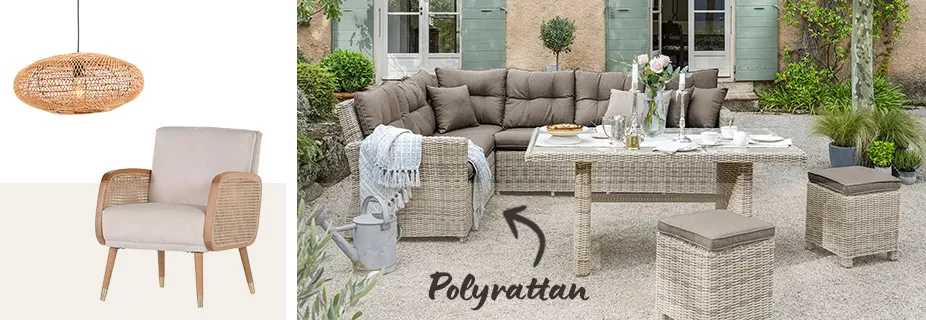 Graubeige meliertes Loungeset im Outdoorbereich mit braunen Auflagen und aus Polyrattan, Freisteller beiger Sessel mit Rattan-Armlehnen und Hängeleuchte aus Rattan und oval