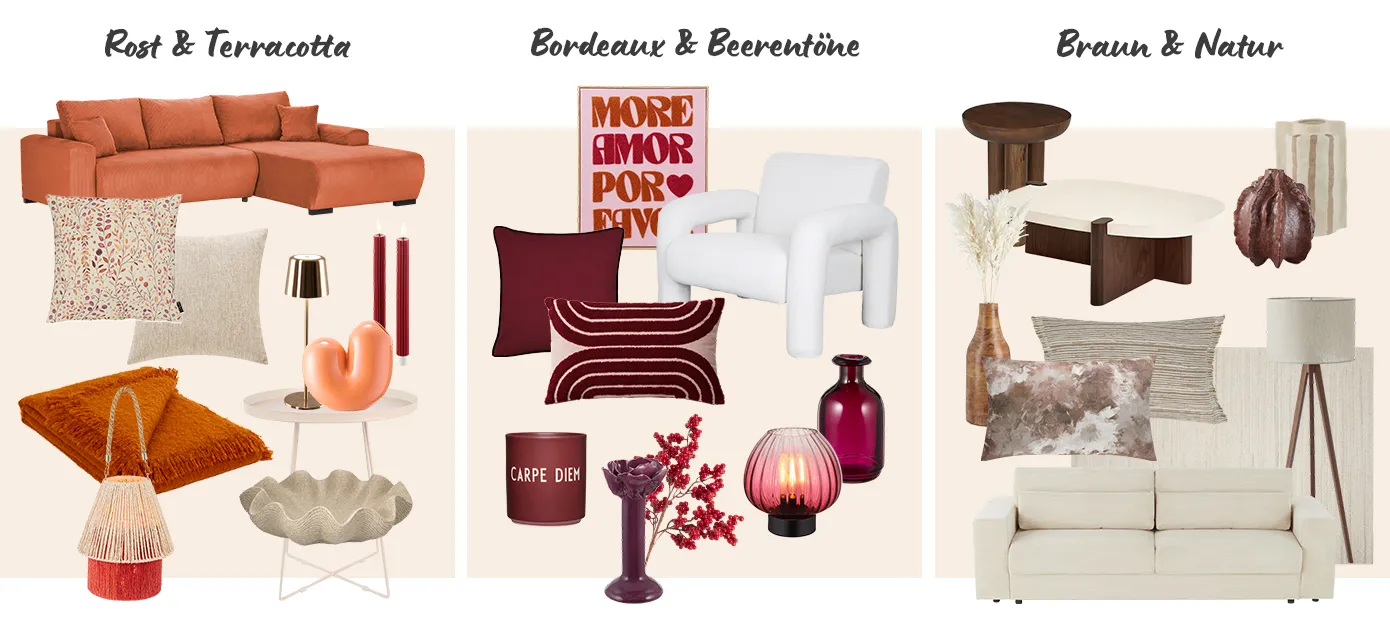 Bildcollage aus vielen Freisteller-Produkten zusammengestellt in Rost und Terracotta, Bordeaux und Beerentöne und Braun und Natur