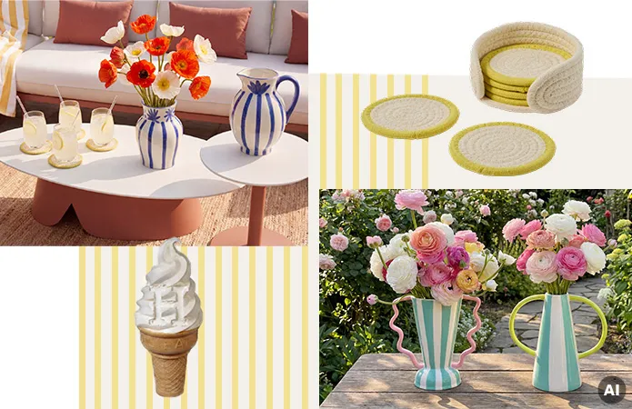 Nahaufnahme weiß-blau gestreifter Krug und passende Vase auf Tisch mit Limogläsern, gestrickte Untersetzer in beige mit grünem Rand, zwei weitere Vasen in weiß-mint gestreift und grünen und rosa Hänkeln