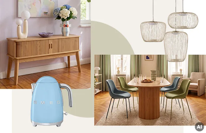 Ovaler Holzesstisch mit Standfuß in Lamellenoptik und passendes Sideboard, filigrane Pendelleuchten in Creme, Esszimmerstühle in Blau und Grün