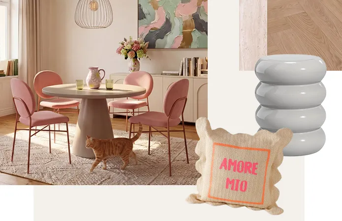 Bildcollage: Beiger runder Esstisch mit rosa Polsterstühlen und dünnem Gestell, Bohoteppich in beige, beiges Kissen mit Neon Schriftzug Amore Mio und weißer runder Beistelltisch